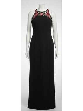 Virgo Floral Embroidered Gown - Black - Size 14 - Full Length Sheath Dress red